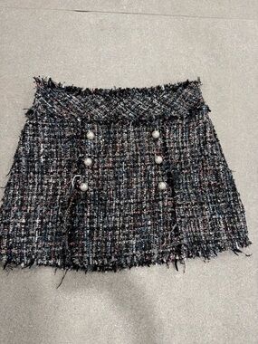 Zara Black Multi Tweed Mini Skirt with Pearl Buttons